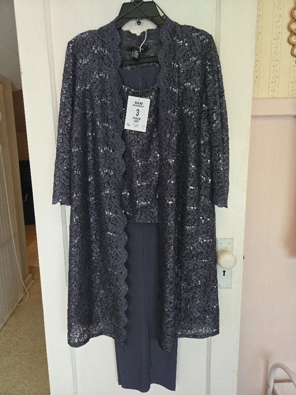 R&M Richards 3-Piece Scallop Glitter Lace Duster Pant Set